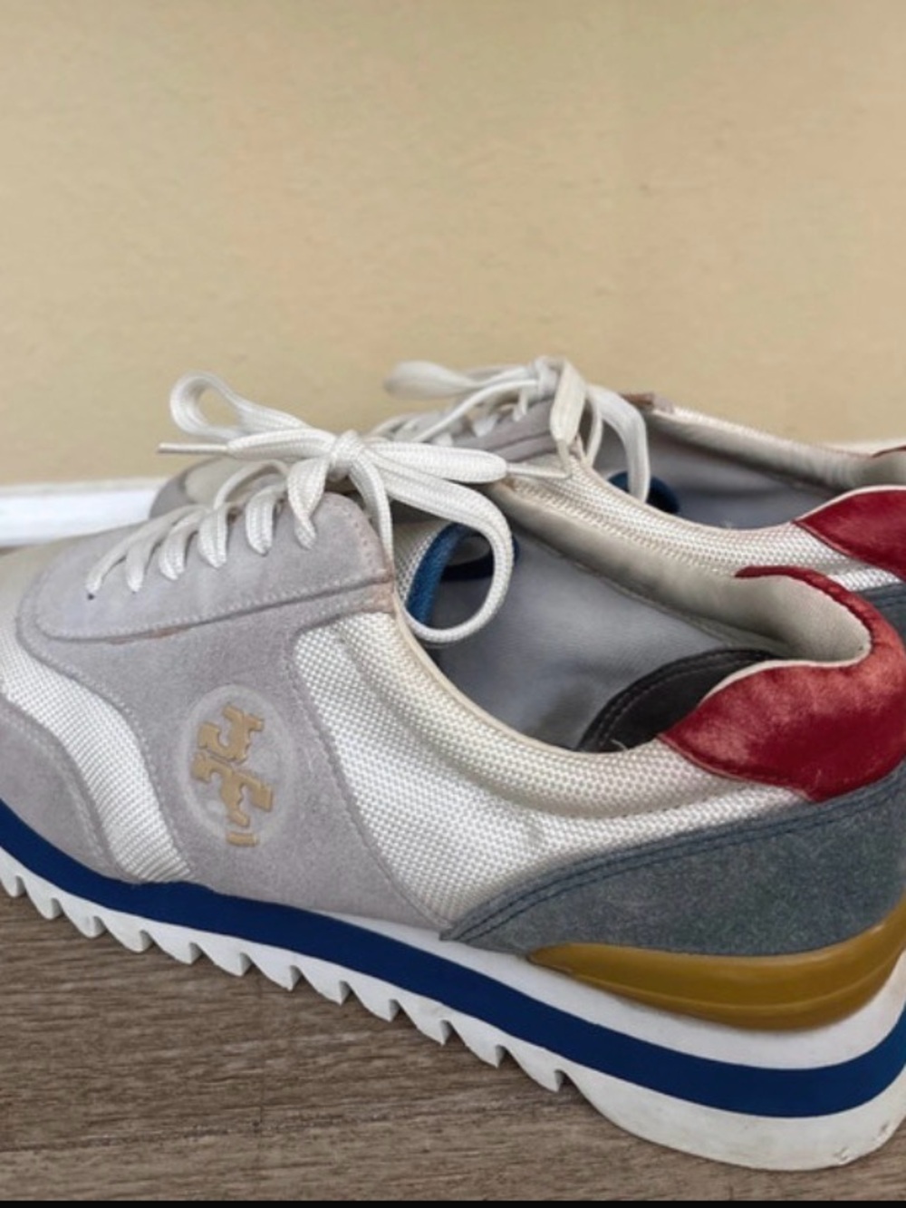 Tory Burch Light Gray & White Sneakers with Blue and Red Accents